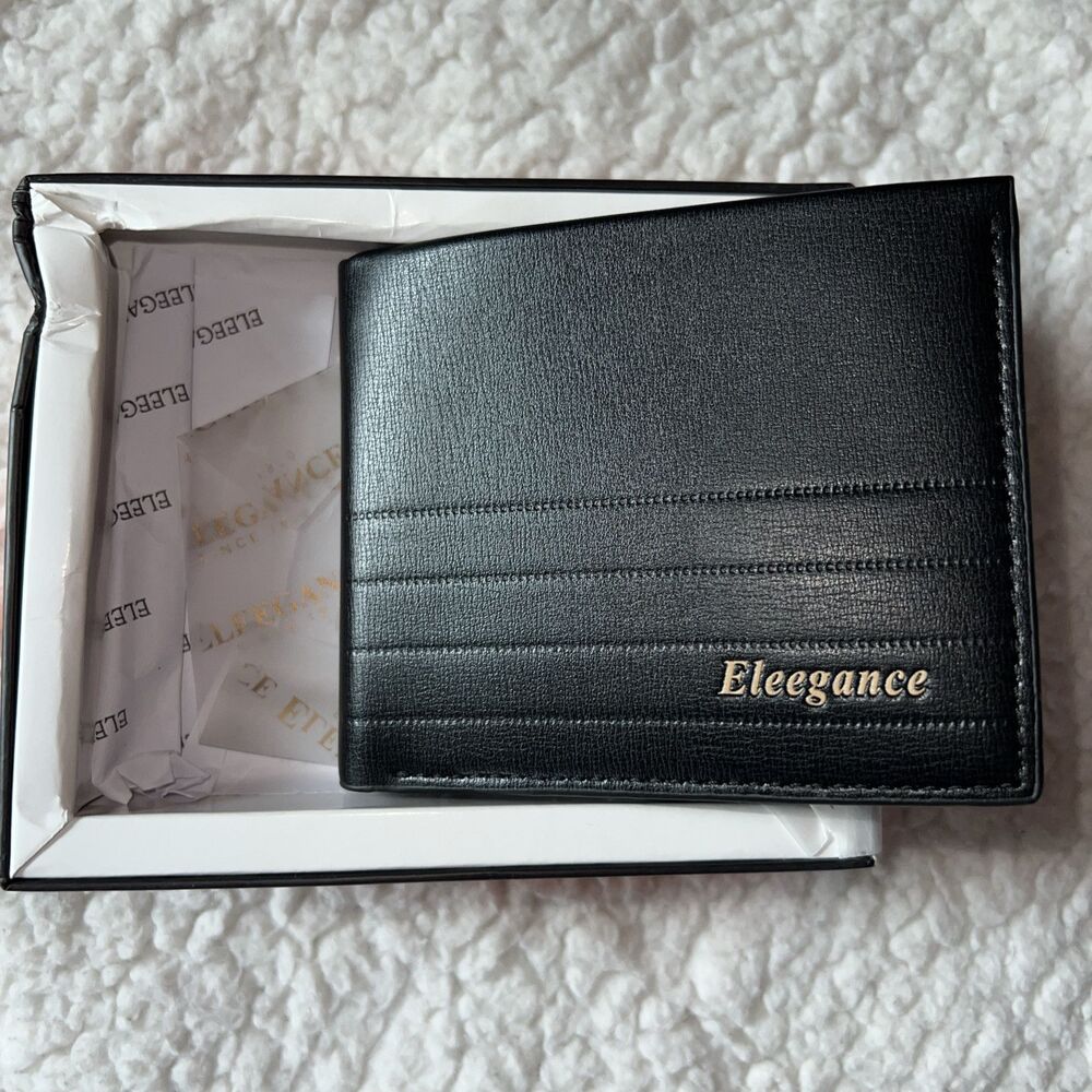 New Mens Black Elegance Leather Bifold Wallet ID Window Card Photo Cash Holder